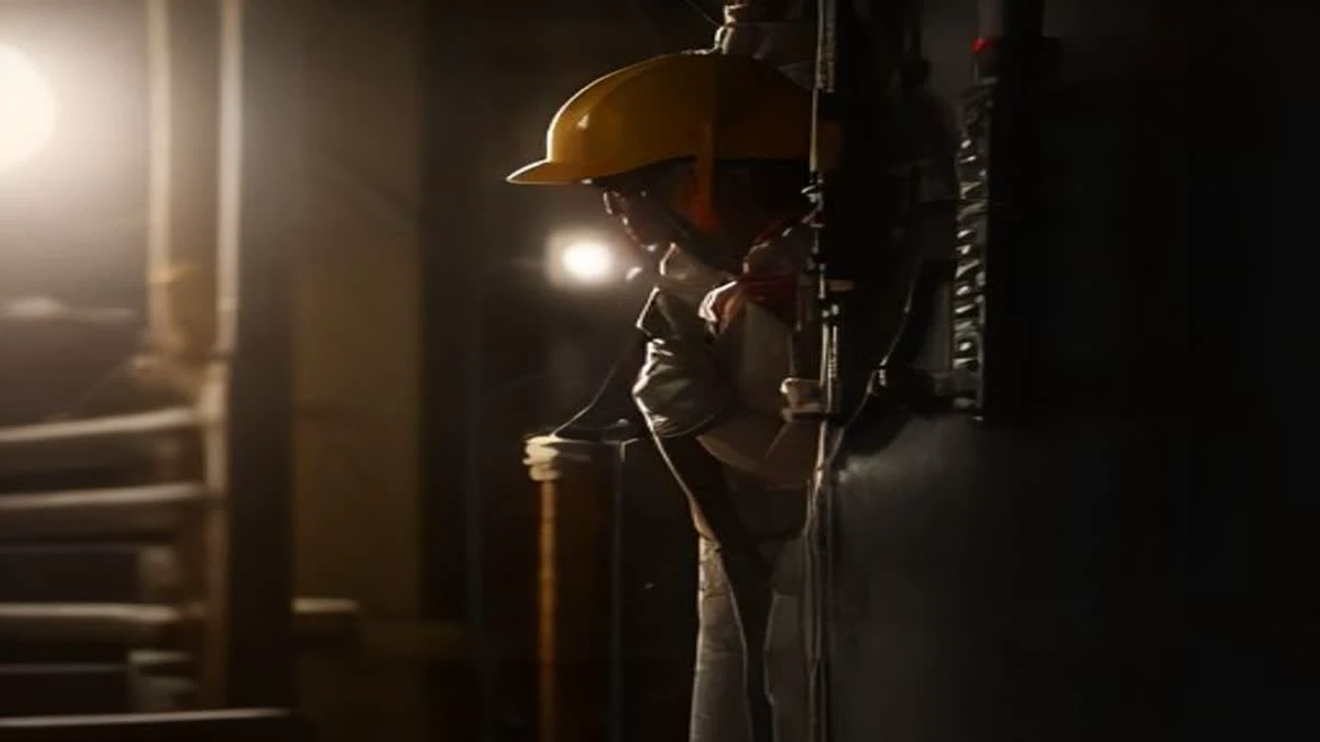 A technician in a clean facility plugging a network cable into a mining machine, hands and ports in focus